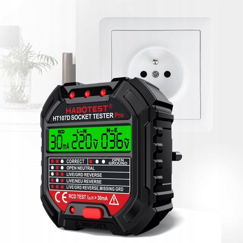 TESTER GNIAZD ELEKTRYCZNYCH Z DUŻYM WYŚWIETLACZEM LCD TEST RCD HABOTEST Kod producenta HT1047D