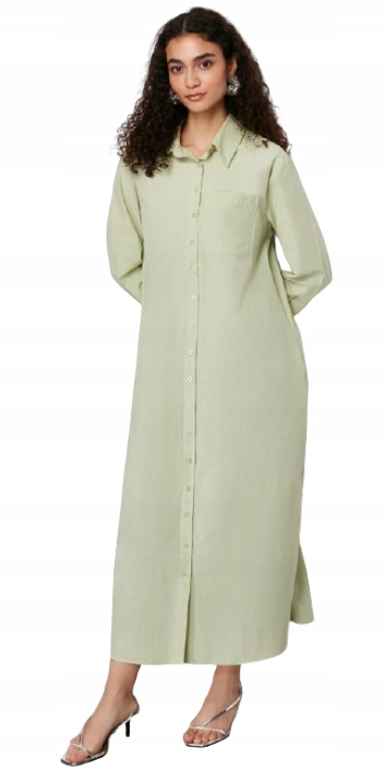 Trendyol Jednoduché Šaty S Dlouhým Rukávem A Límečkem, Zelená 42 5_A