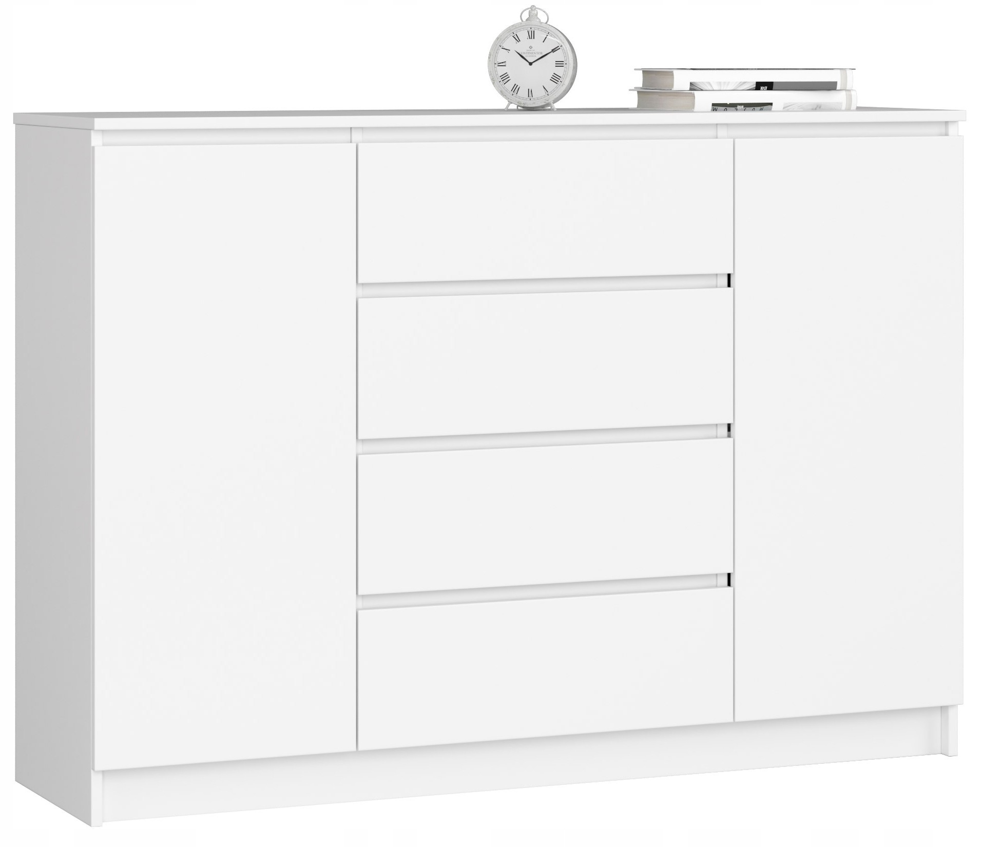 Komoda duża z półkami 140 cm 2 drzwi 4 szuflady pojemna bezuchwytowa Biała