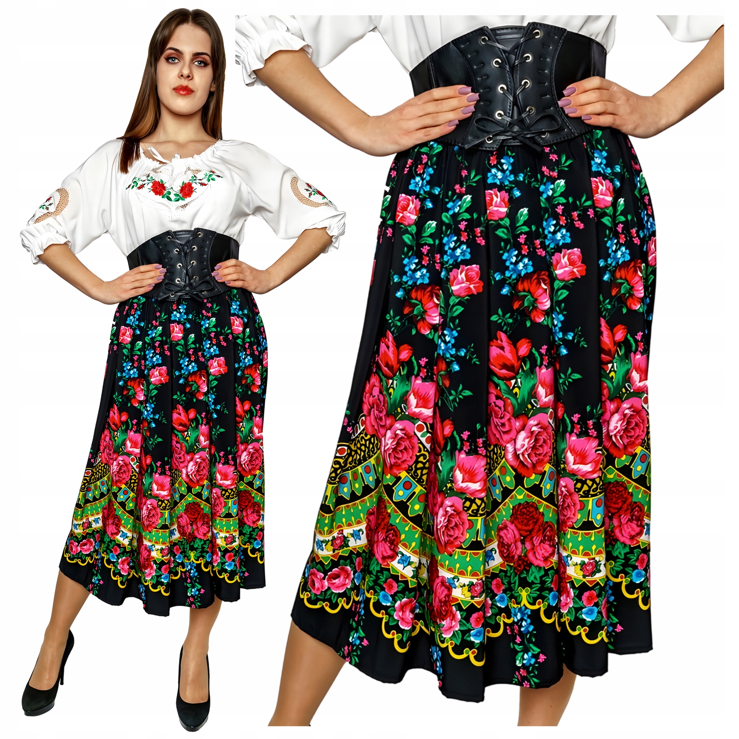 Sukně černá Květinový vzor Viskóza 3/4 Gumička v pase Pohodlná Vel 4XL