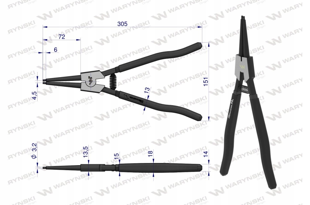 Szczypce do pierścieni 300 mm zew. proste WARYŃSKI EAN (GTIN) 5902287171501