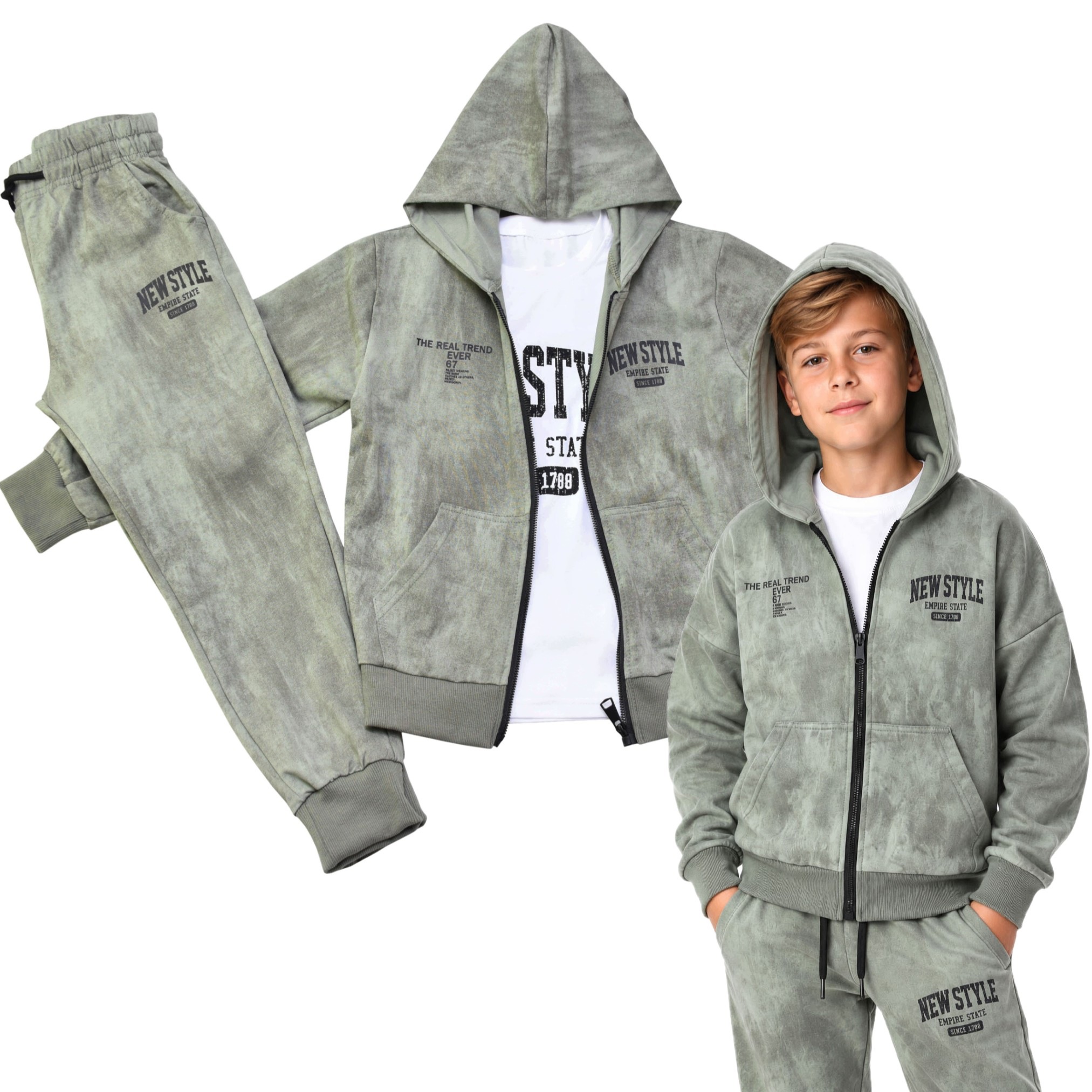 Dres chłopięcy komplet dresowy sportowy khaki spodnie t-shirt bluza 152/158