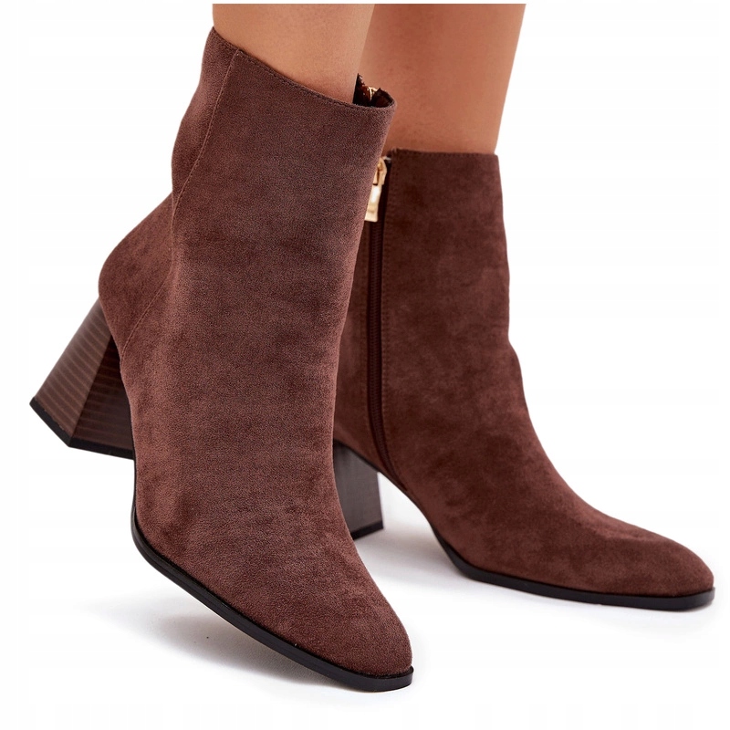 Dámské Kotníkové Boty Eko Semišové Podpatek Sloupek Elegantní Na Zip Hnědé 40