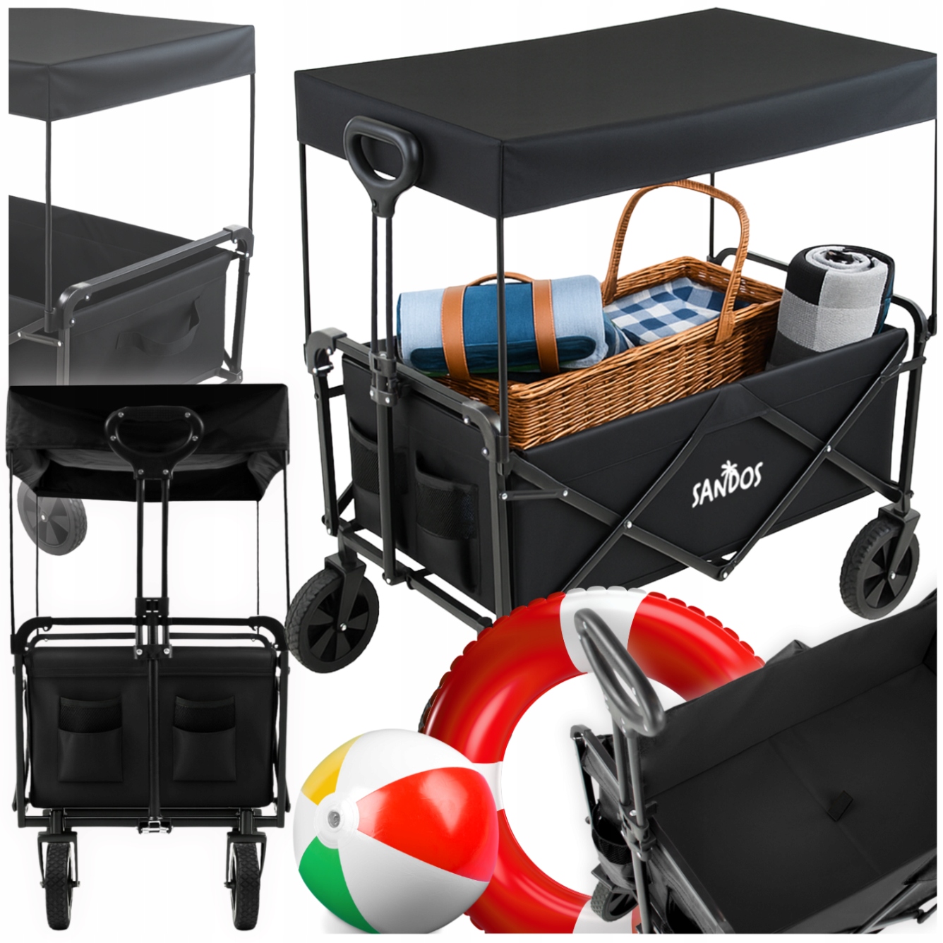 Wózek plażowy z daszkiem przyczepka 100kg czarna składany na wakacje plaża