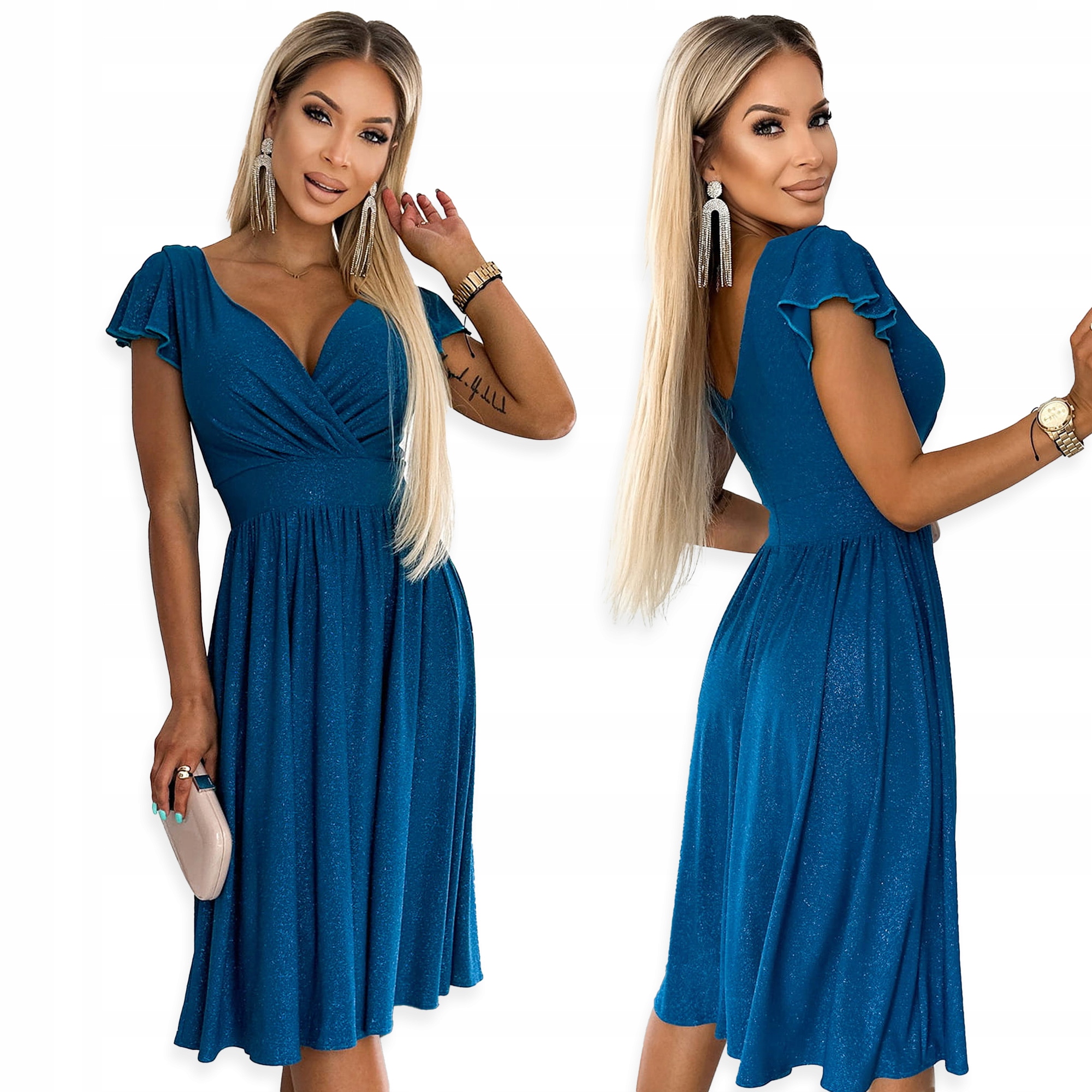 Matilde Šaty s výstřihem a krátkým rukávem Numoco Mořská Se Třpytkami L