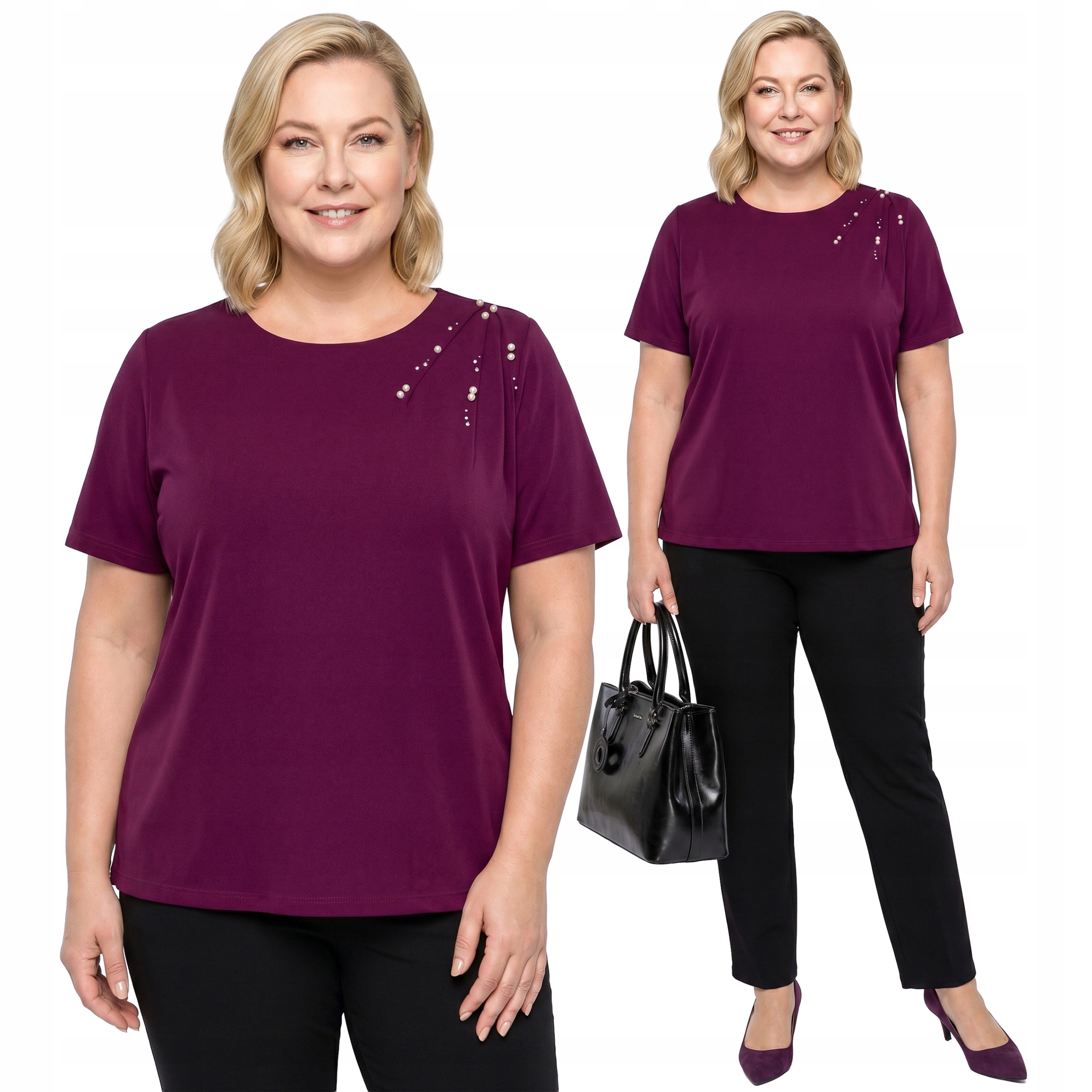 Fialová halenka s perlami a zirkony plus size velikost 48/50