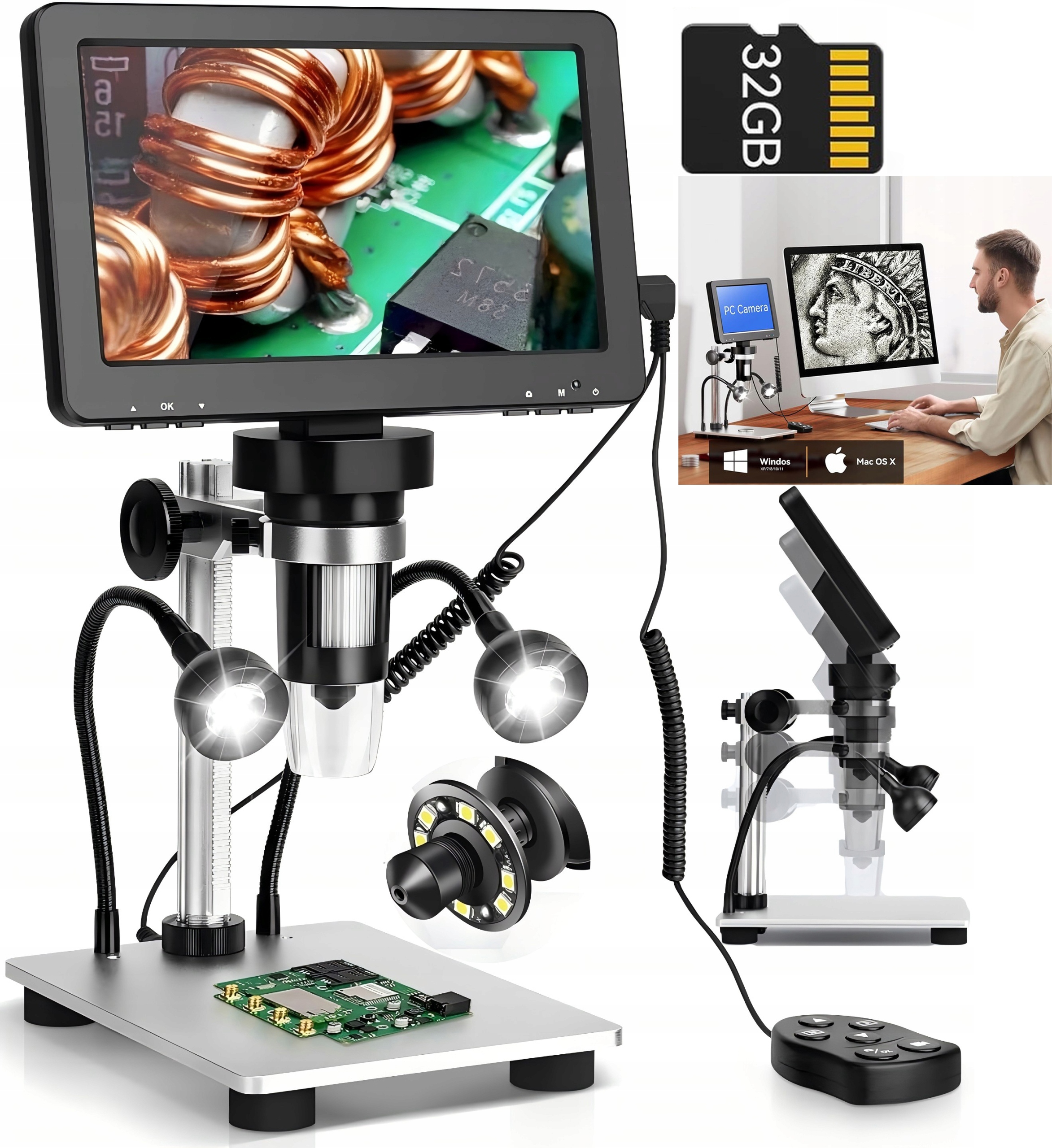 Mikroskop Cyfrowy 1200x 12MP Ekran Hd 7'' 10x Led Compatybilny Windows/Mac