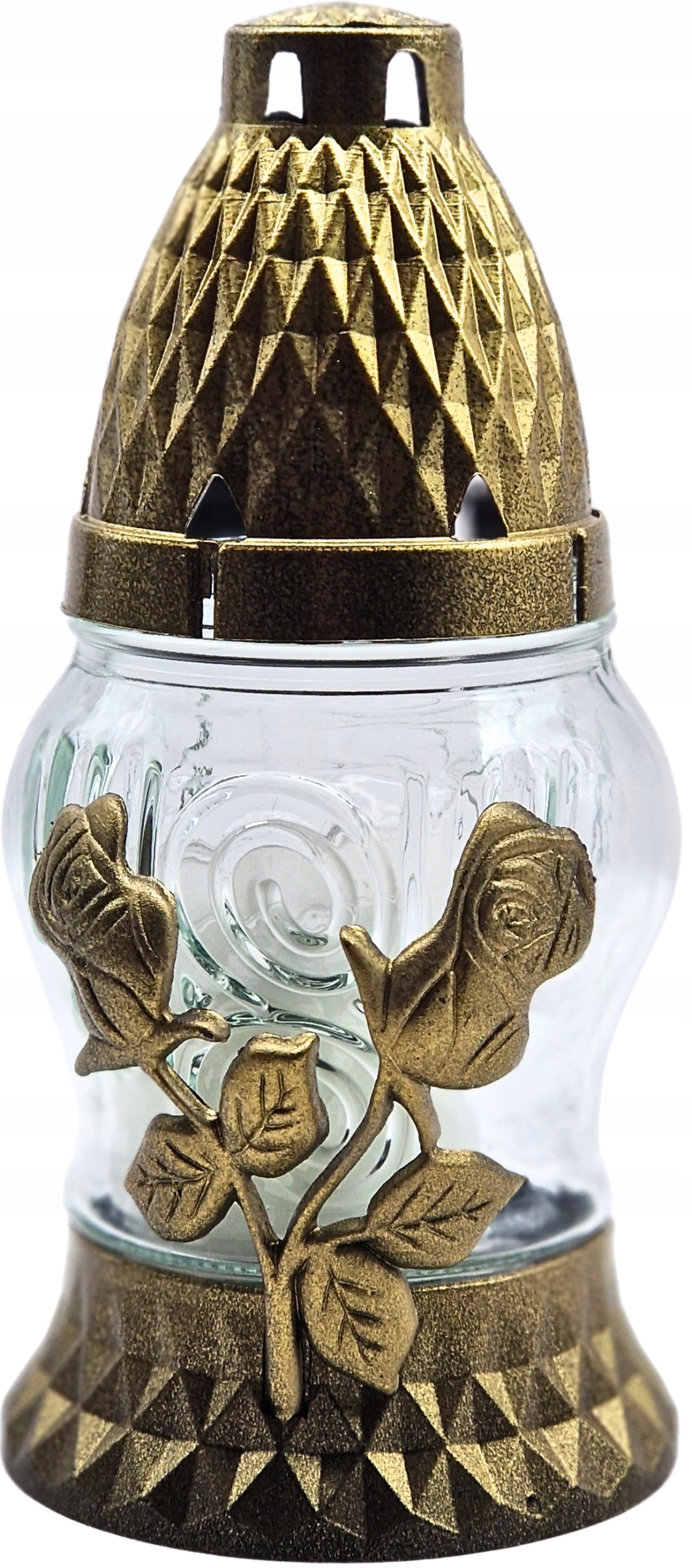 Znicz szklany LA11 14cm, wkład 30g, czas palenia 8h, aplikacja RÓŻA ZŁOTY