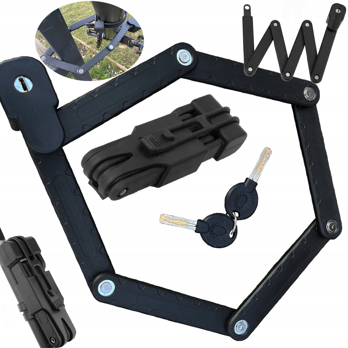 BLOKADA ROWEROWA DLA DZIECI SKŁADANA STALOWA NA KLUCZ Z UCHWYTEM RAMA