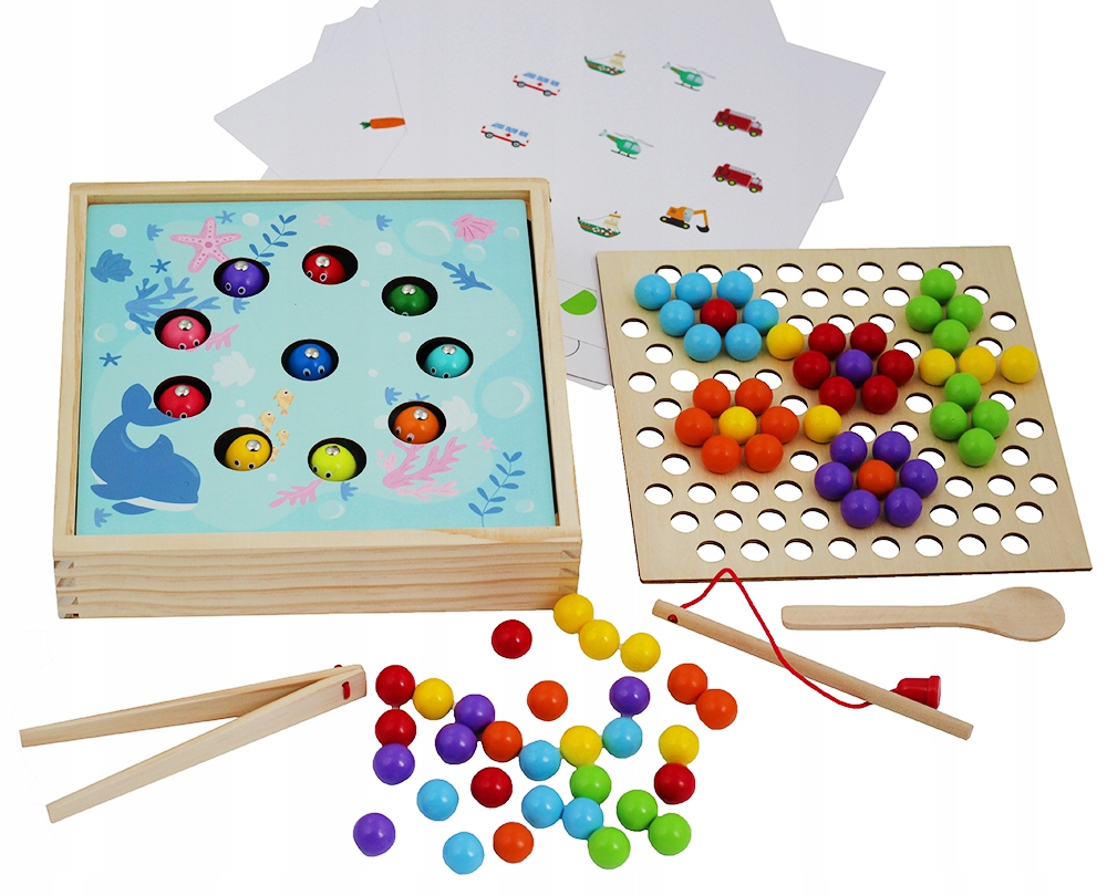 

Drewniane Rybki Kulki 3W1 Mozaika Gra Memo Montess