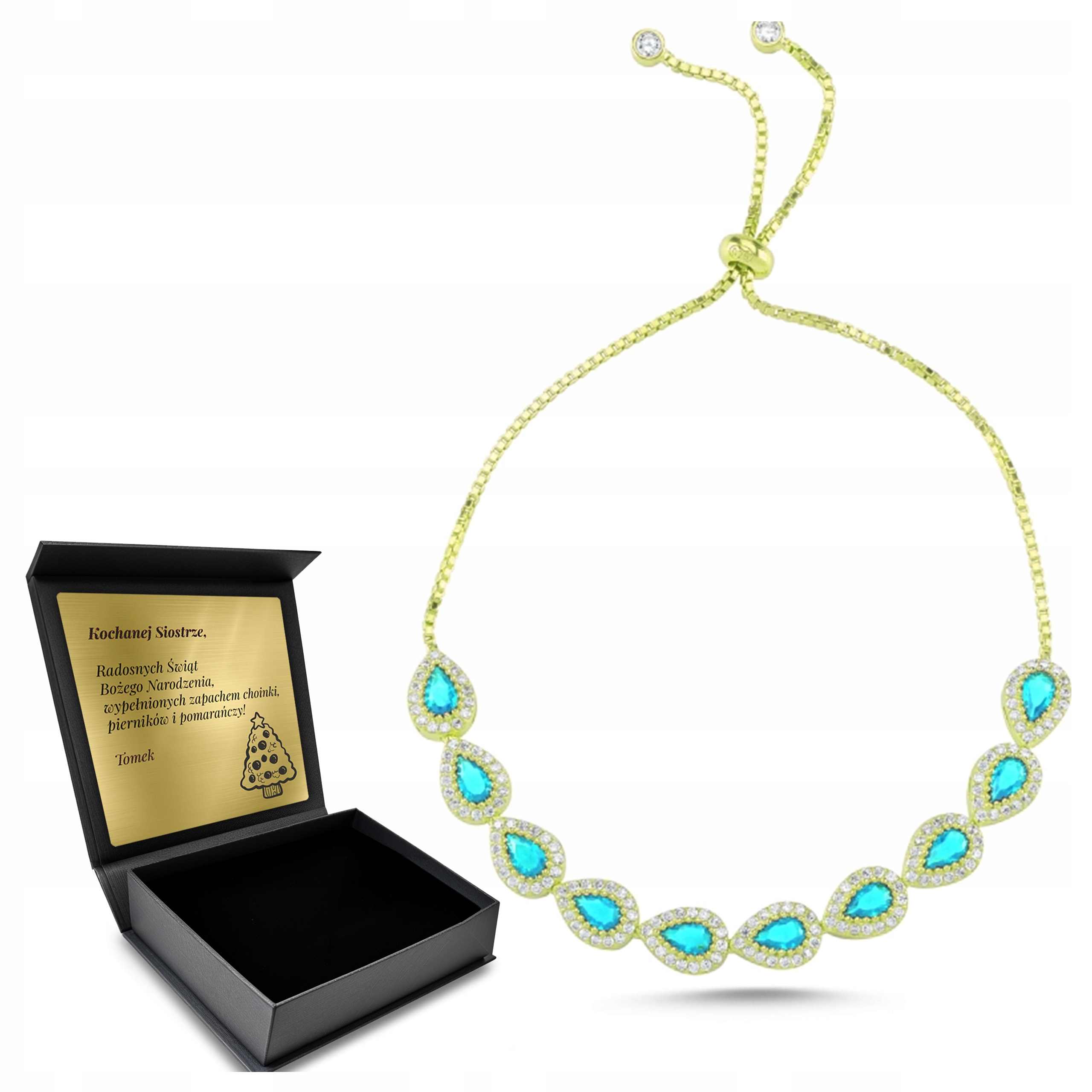 Turecký náramek Stříbrná Zlatá Tyrkysová Slza Úžasná Krabička Gravírování