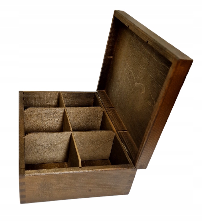 Pudełko brązowe orzech pojemnik SKRZYNKA na HERBATĘ herbaciarka 6 PRZEGRÓD Długość 22 cm