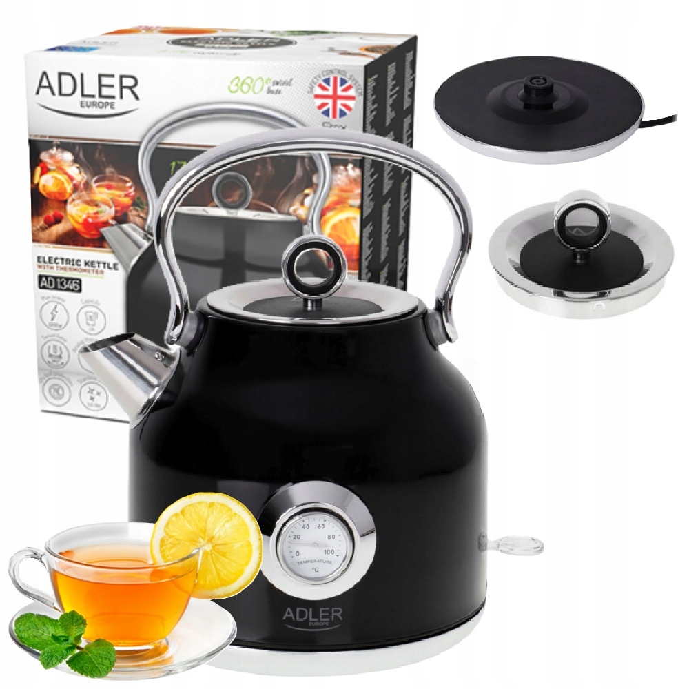 Elektrická rýchlovarná kanvica čierna kovová s teplomerom 1,7L 2200W Adler AD1346b