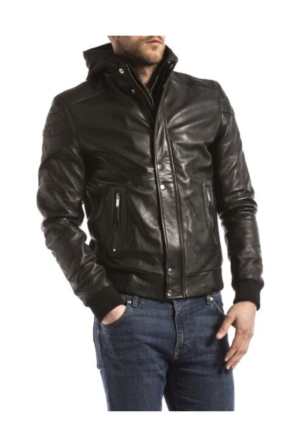 Pánská bunda Blue Wellford kožená černá ramoneska pilotka kapuce vel. 2XL