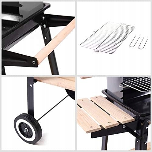 GRILL OGRODOWY WĘGLOWY Z OSŁONĄ PÓŁKAMI I KÓŁKAMI CZARNY Szerokość grilla 86 cm