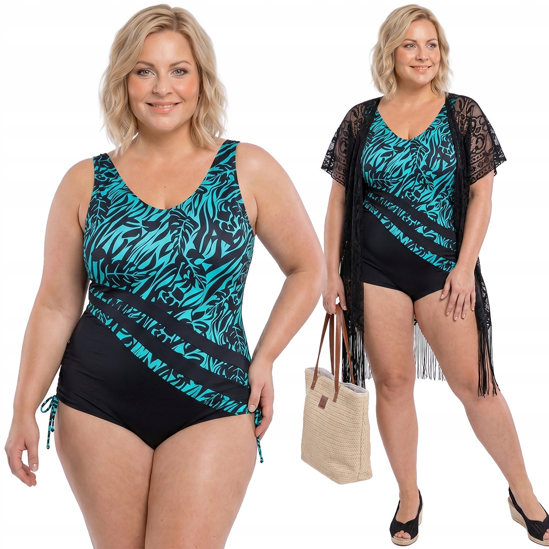 Černé plavky s tyrkysovými vzory plus size velikost 50