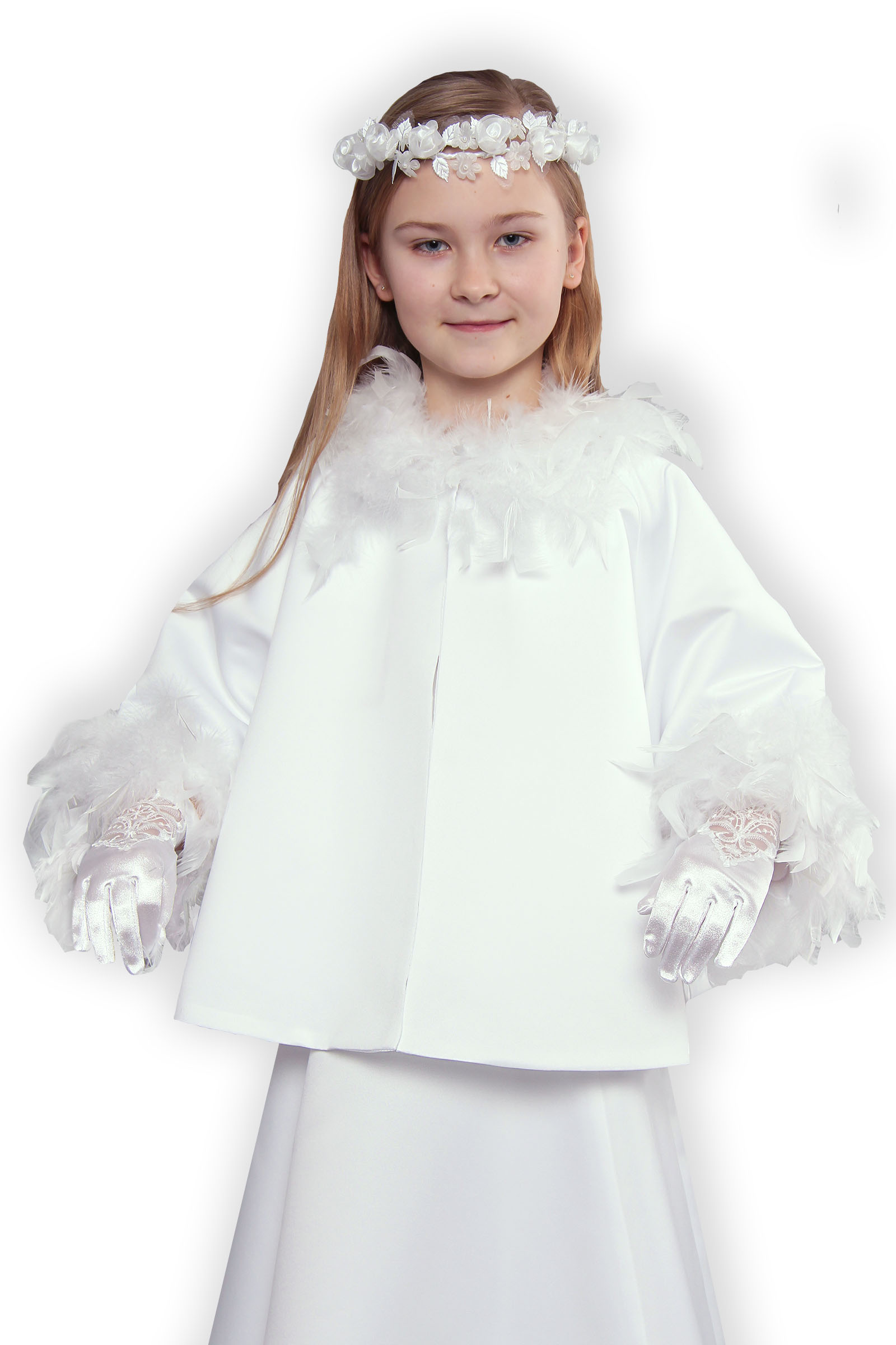 Płaszczyk komunijny z satyny obszyty piórami P/18 (Wzrost 130-134)