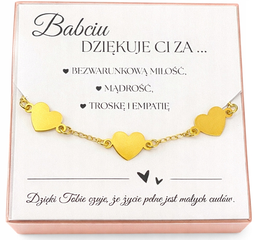 Zlatý náramek tři Srdce 20 cm Gravírování Stříbro 925 Den Babiček