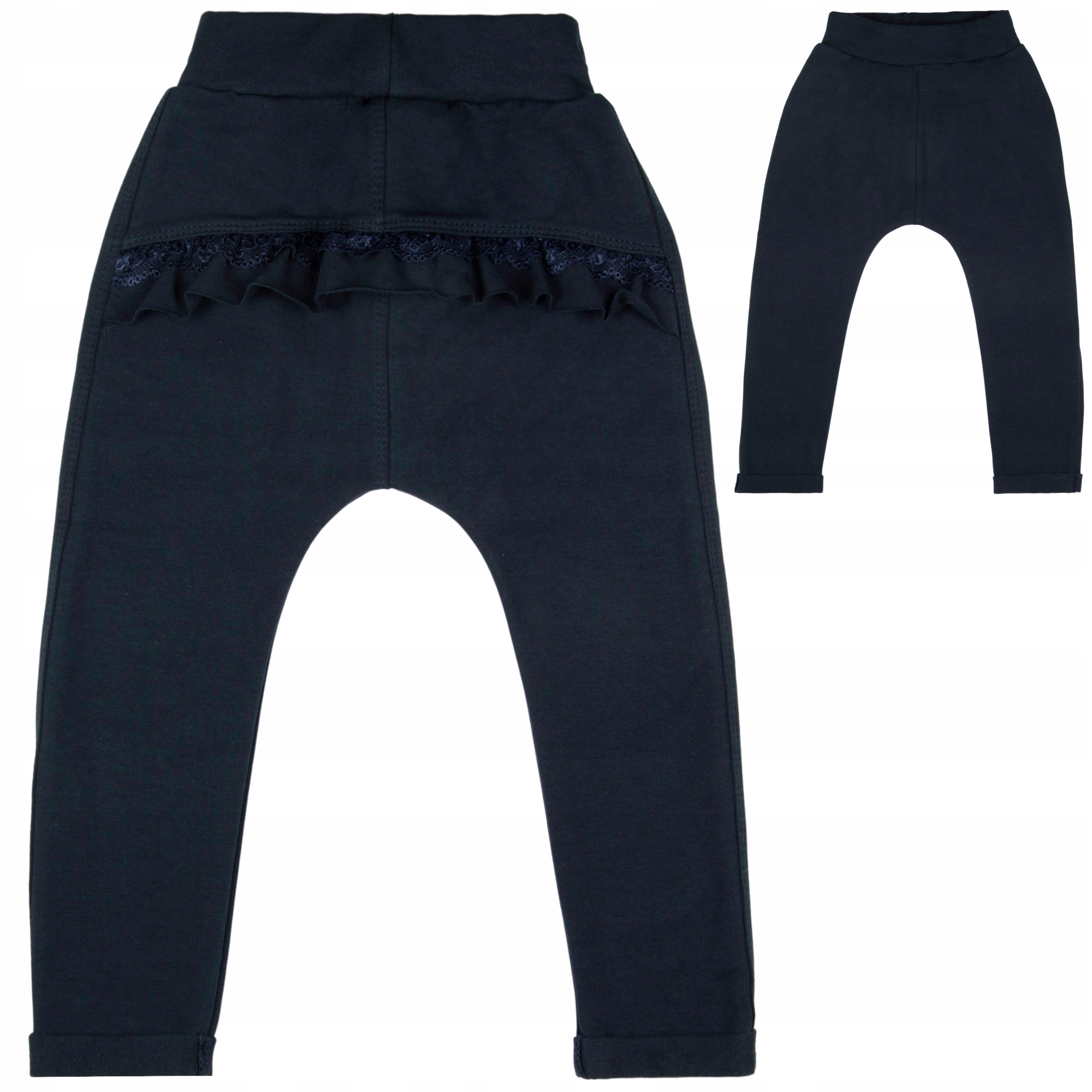 SPODNIE BAGGY Z FALBANKĄ granatowe 86 dresowe