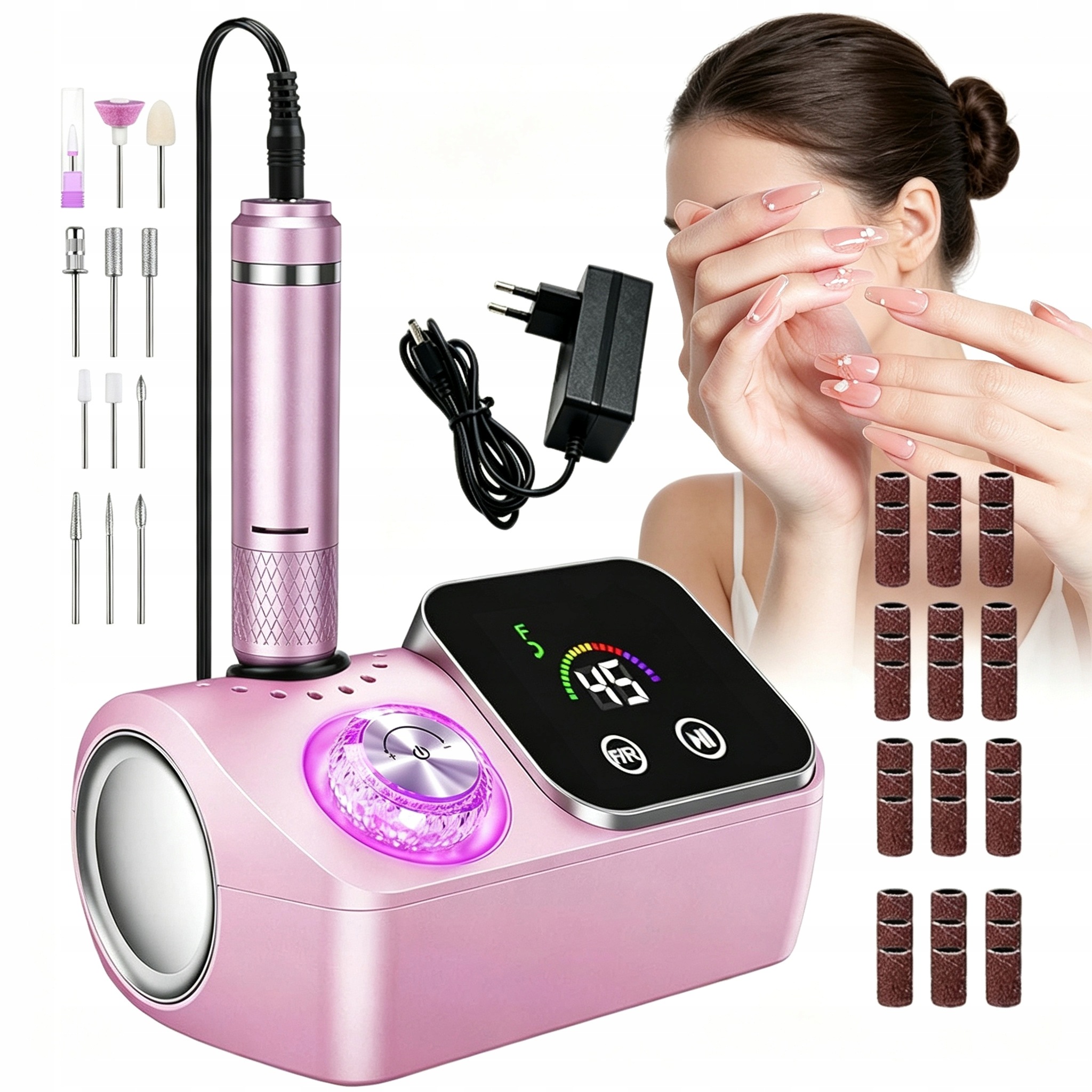 Bruska Na Nehty Manikúra Pedikúra 45000RPM LCD Displej Růžová Sada