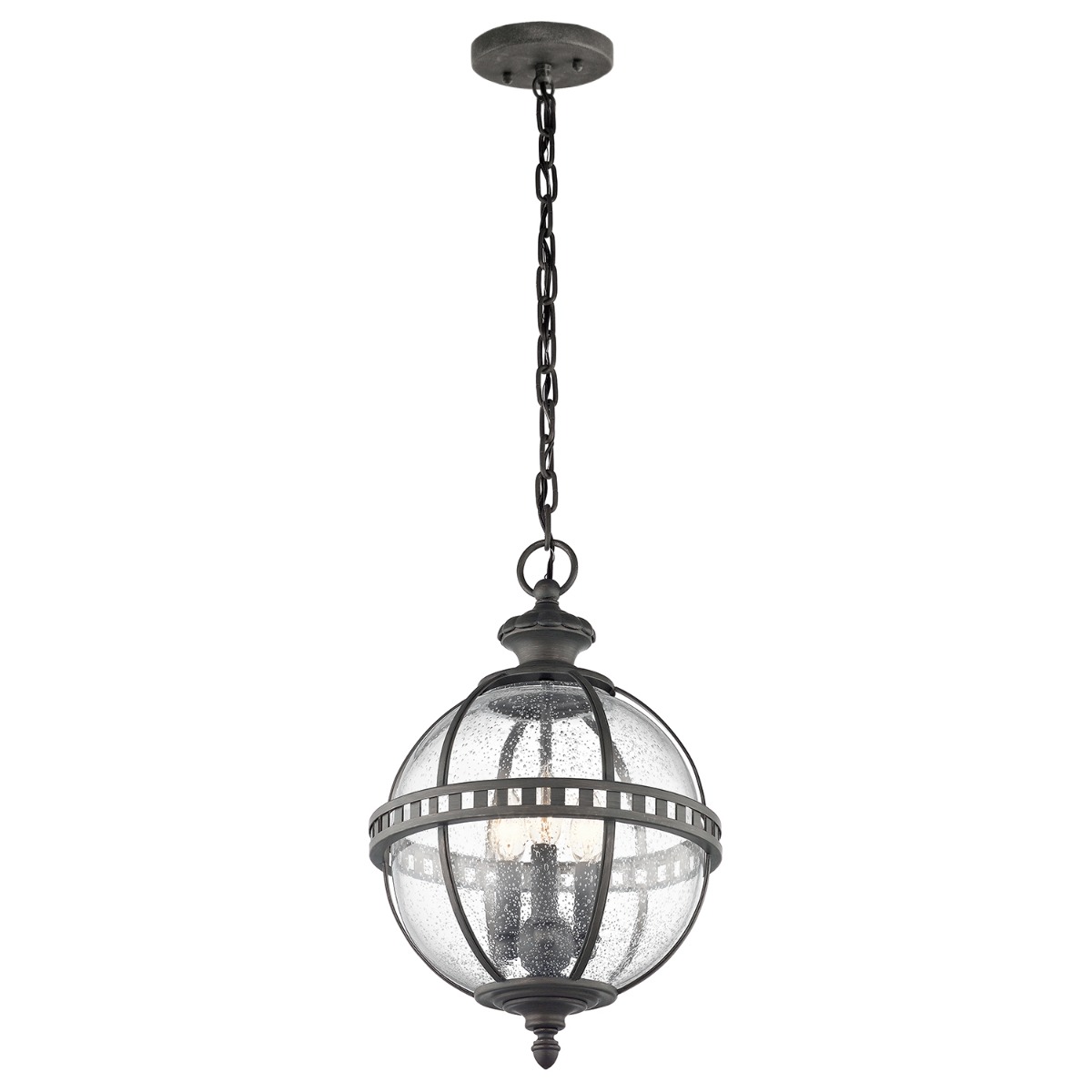 Vonkajšia závesná lampa vintage retro hnedá sklenená guľa 3 body Kichler