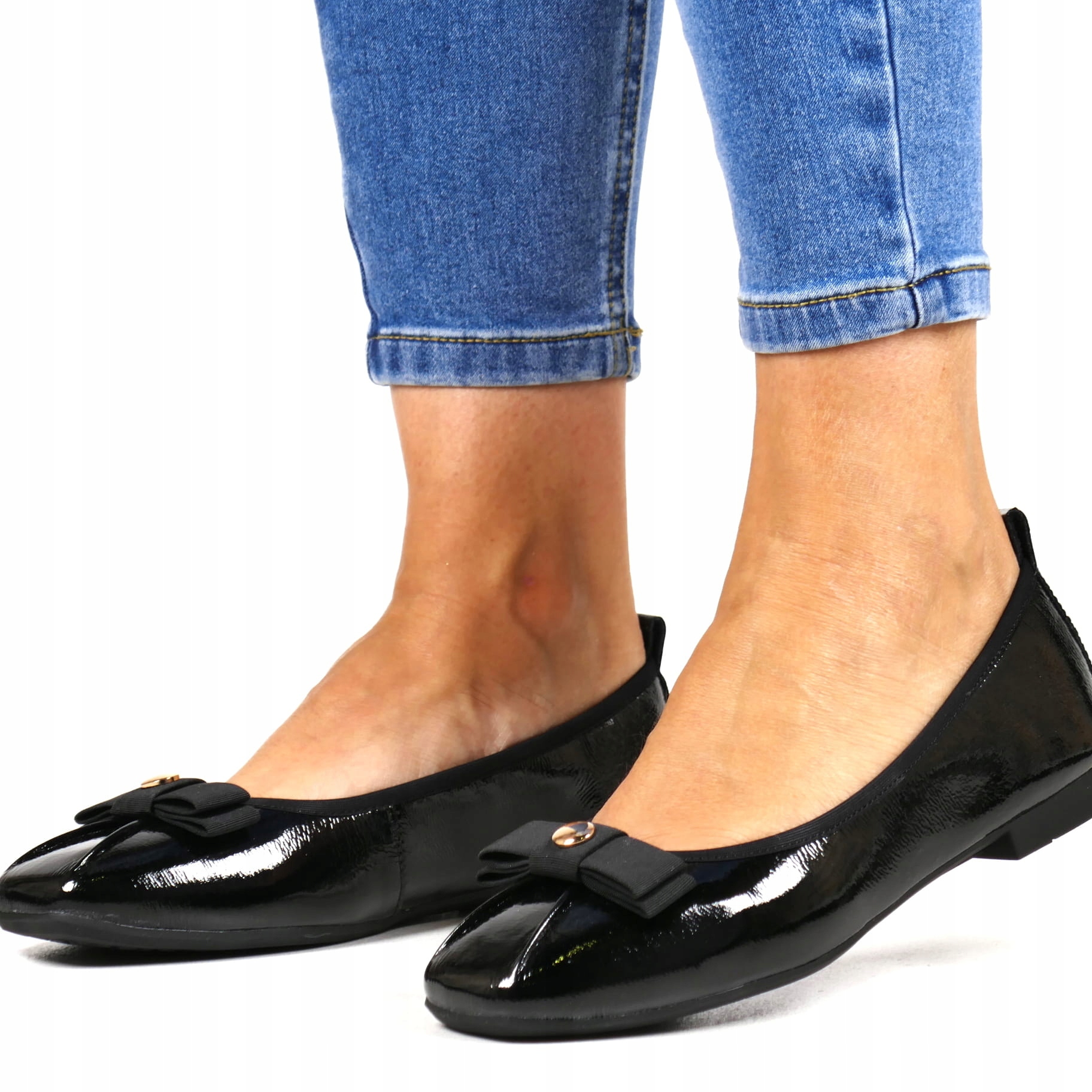 Skórzane Baleriny Lakierowane Buty Wyjściowe Z Gumką Czarne