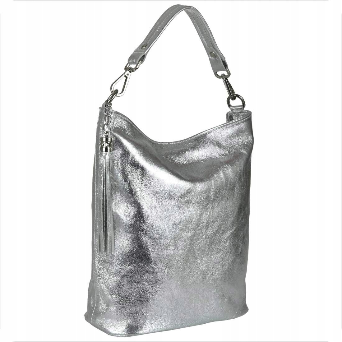 Lehká kožená kabelka shopper bag stříbrná L