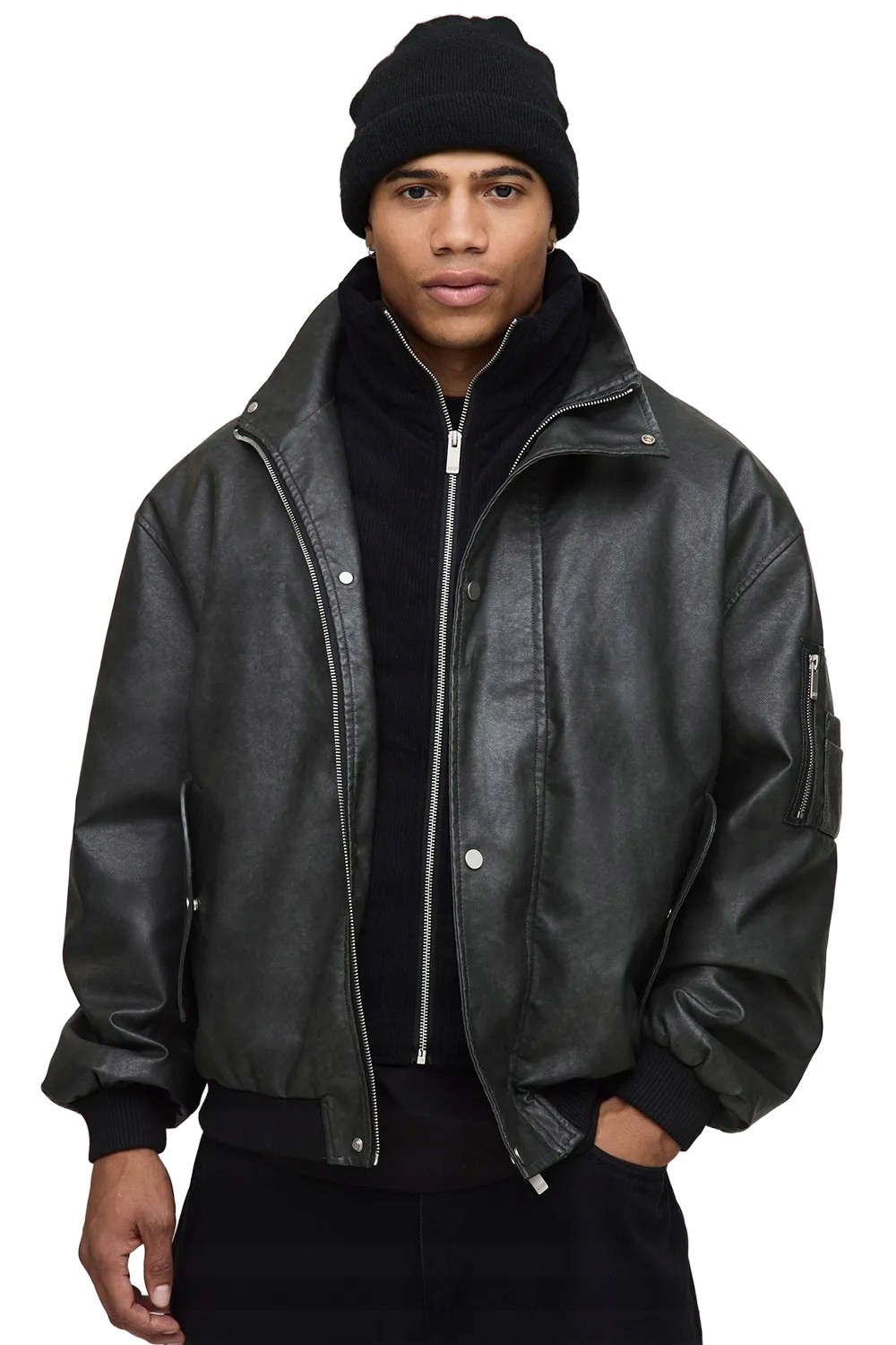 Boohooman Černá Pánská Bunda Ramoneska Se Zipem A Kapsami M3A