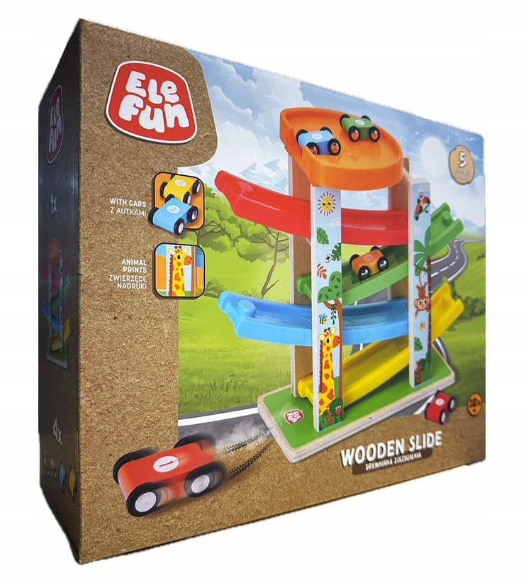 ELEFUN Drewniana zjeżdżalnia z autkami 5 elementów 18 m+