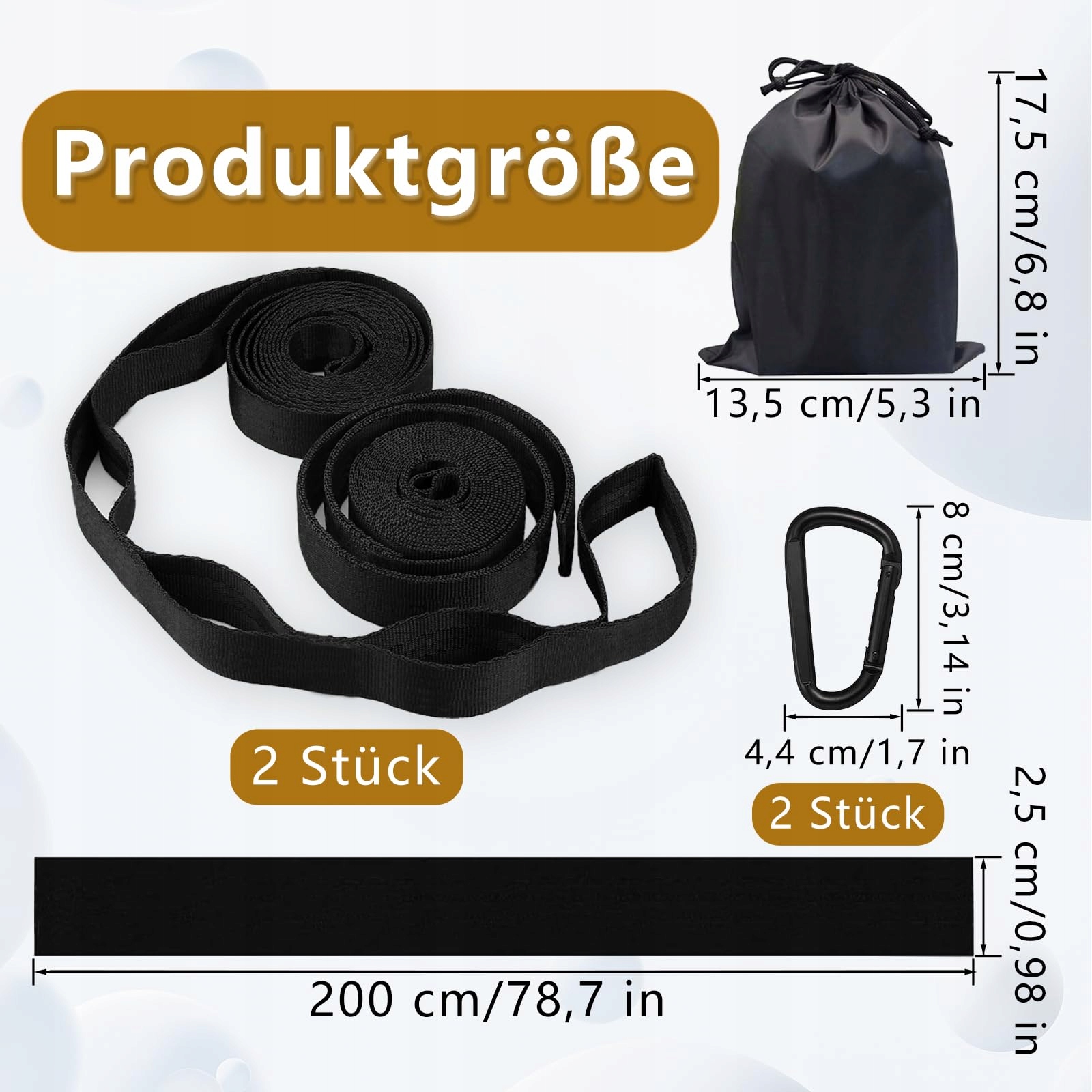 2ER-PACK Zawieszenie Do Hamaków 2m Czarny Paski Z Hakami 500kg Camping — miniatura 4