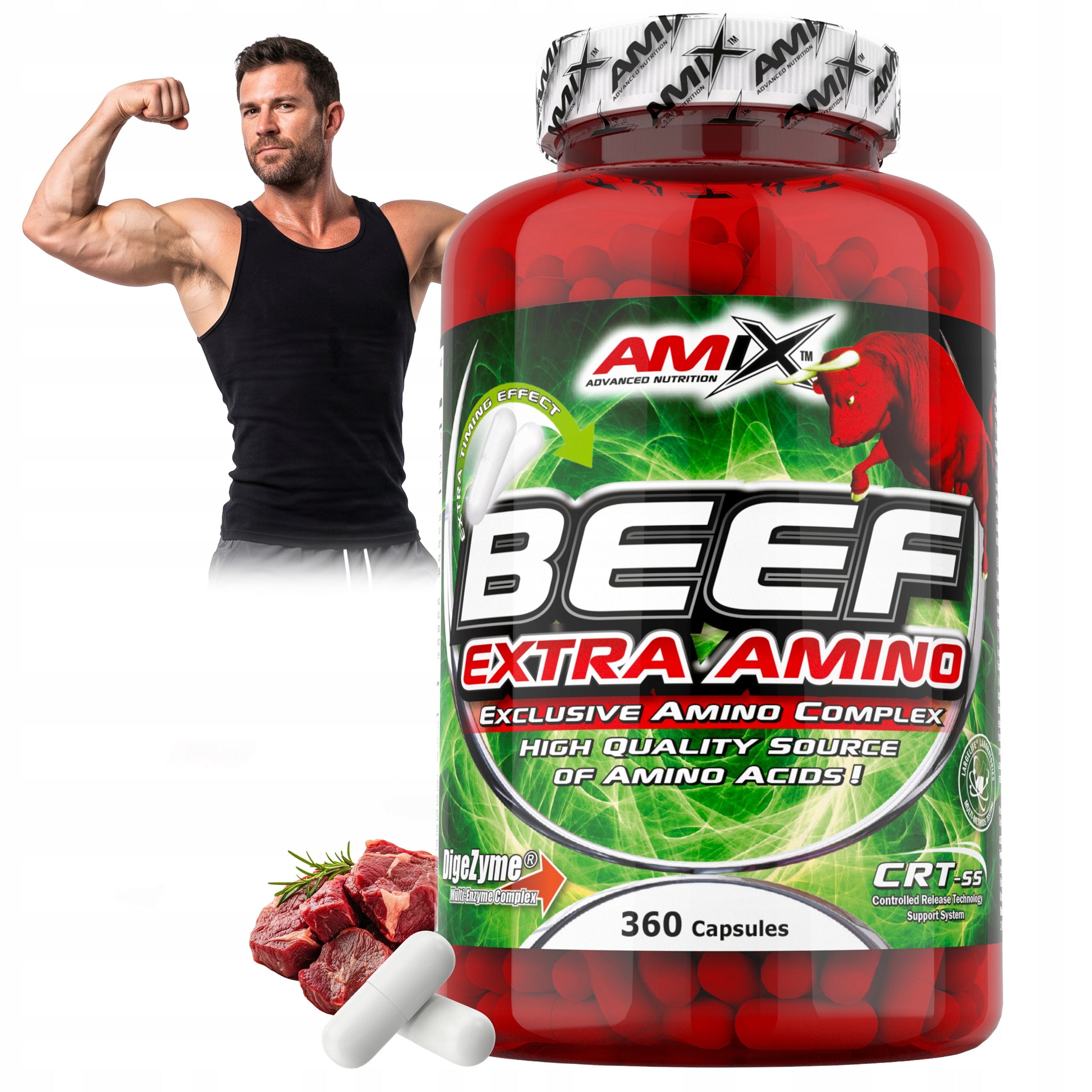 Hovězí Aminokyseliny Beef celodenní, jednoduché Hydrolyzát 360 kapslí Amix