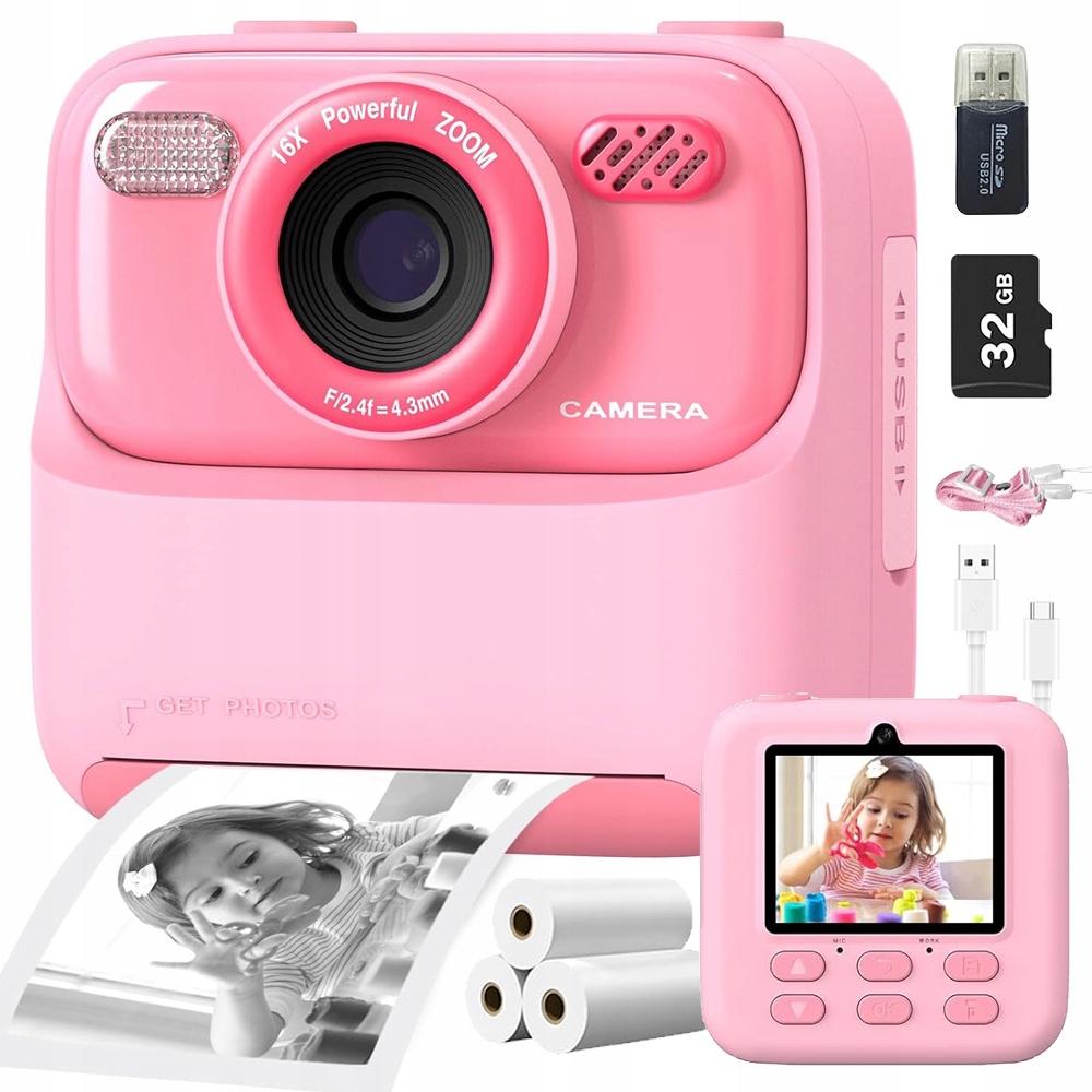 Instantní Digitální Fotoaparáty Pro Děti 32 Gb 1080P S MP3 Hráčem, Růžová Barva