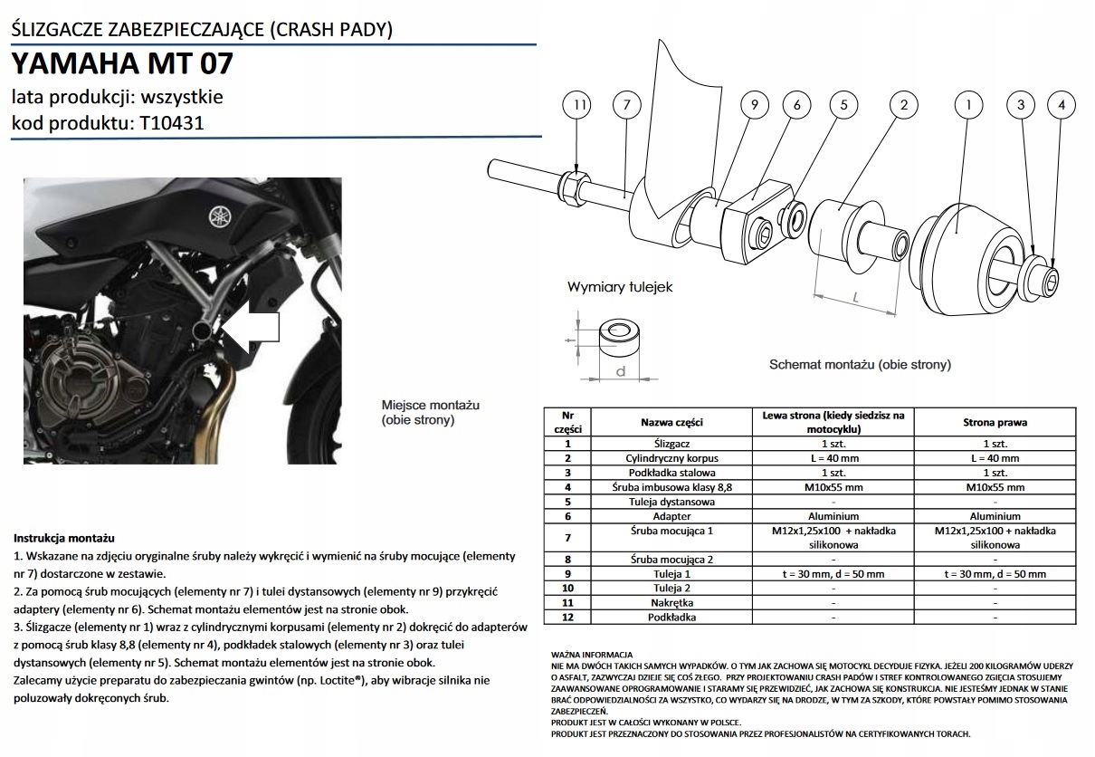 CRASH PADY RENNER YAMAHA MT-07 MT07 kod: T10431