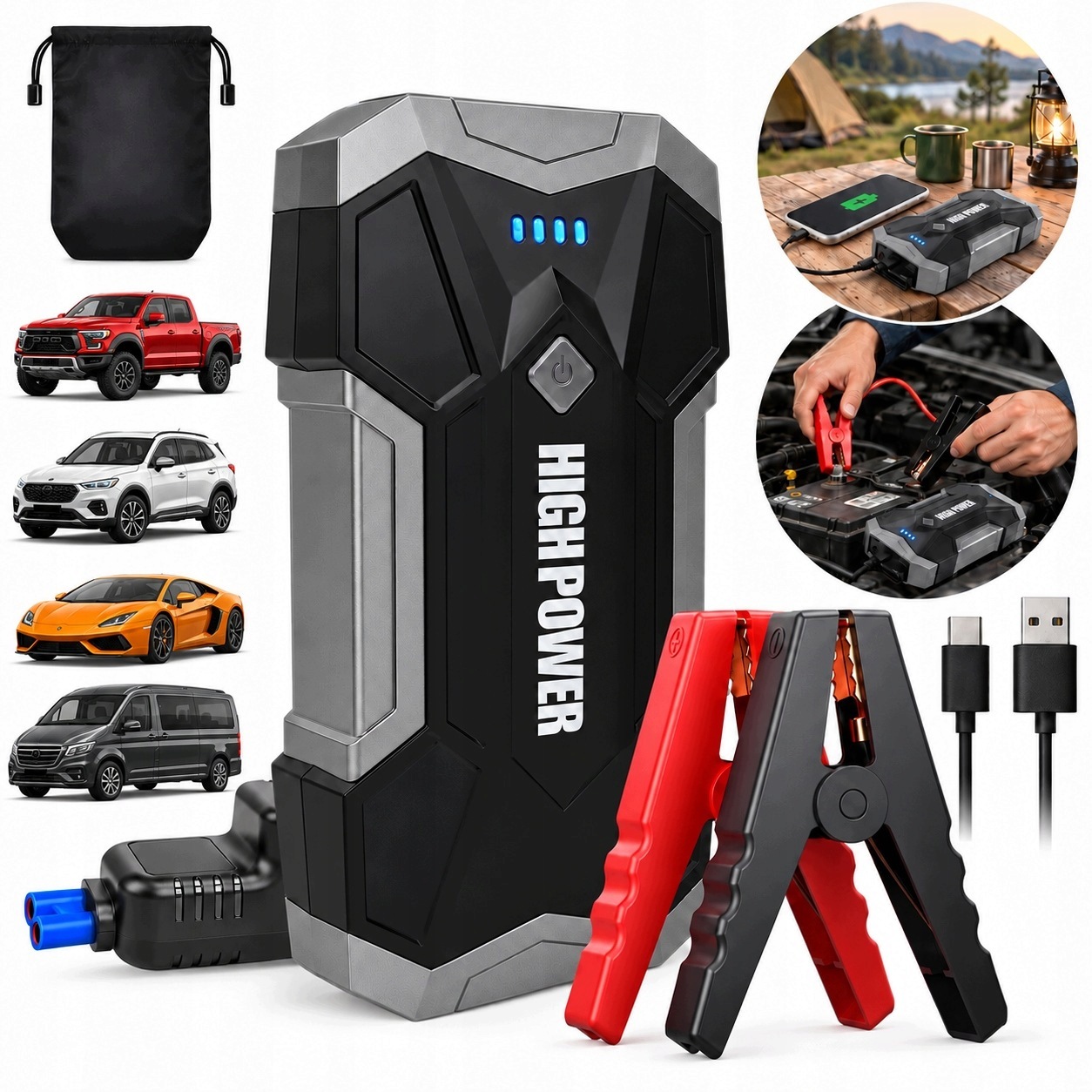 Startér Do Auta 12V 8000MAH Booster Akumulátor Powerbanka Led Usb