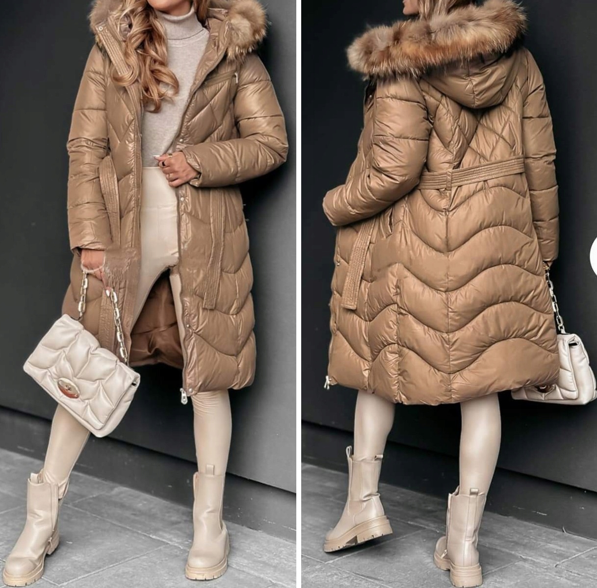 Kabát zimní, zimní ortalion,midi,pásek, kožešina JENOT,Béžový M-XL Tu M-38