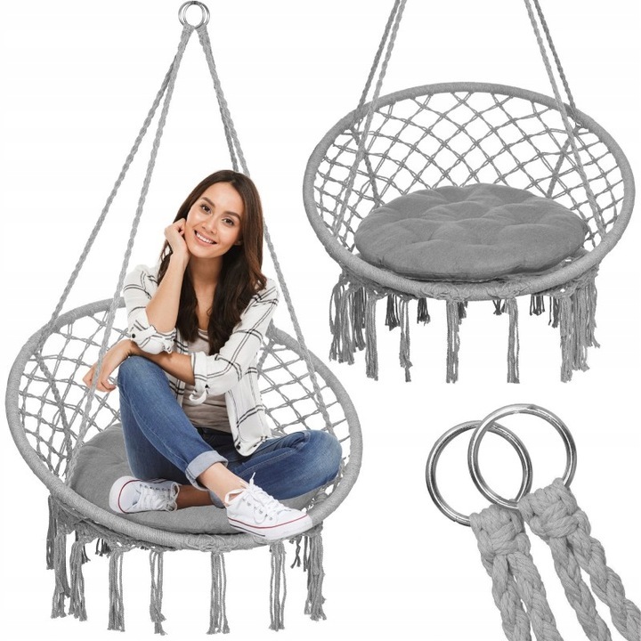 FOTEL WISZĄCY HUŚTAWKA OGRODOWA BOCIANIE GNIAZDO Z PODUSZKĄ SZARY