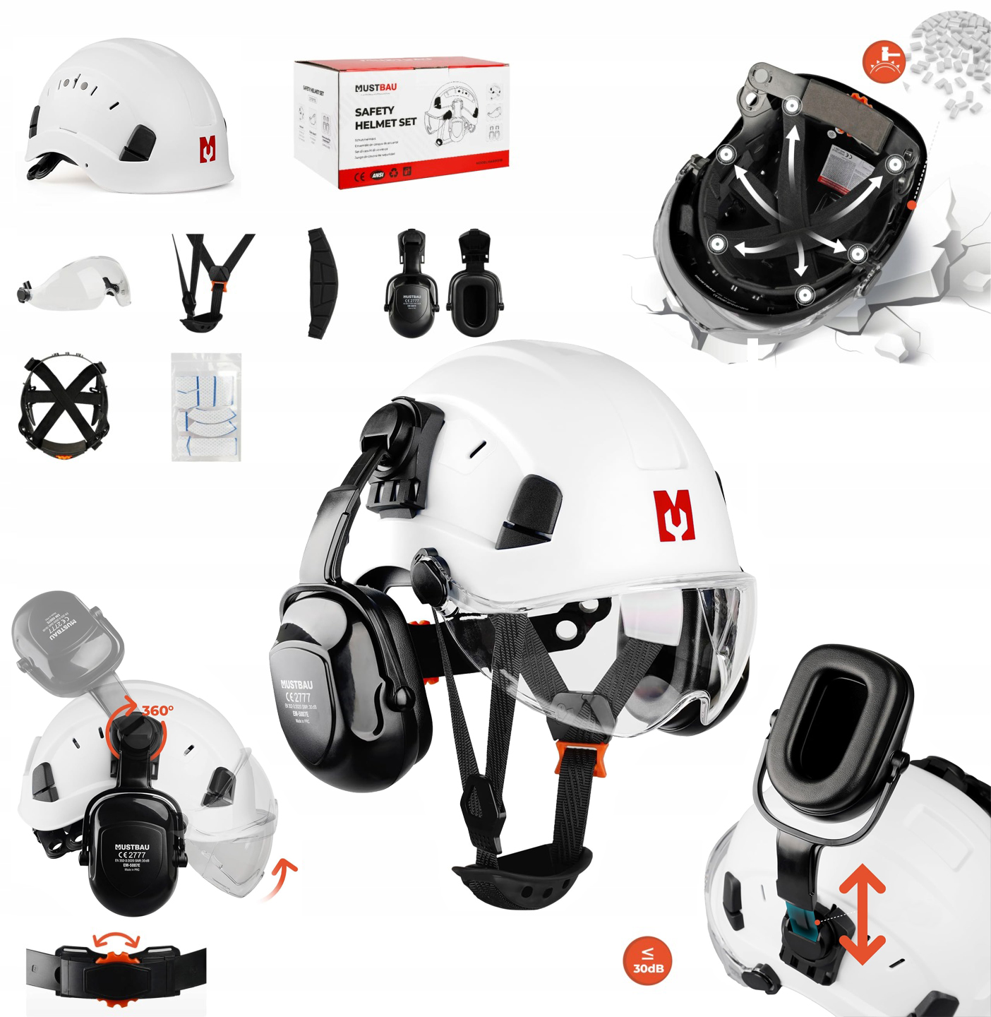 Kask Ochronny Roboczy budowlany Bhp EN397 nauszniki 30dB gogle 6punkt 53-63