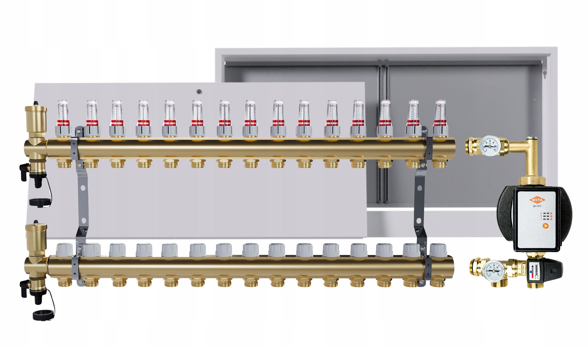 Rozdělovač pro podlahu 15 okruhů s čerpací skupinou Wita nástěnná skříňka
