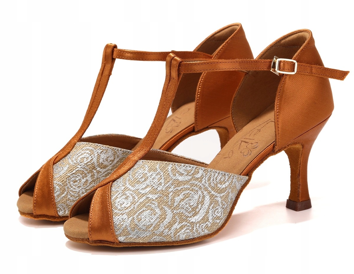 Buty Do Tańca Taneczne Latino Salsa Brązowe Srebrne Zdobione 7,5cm ROZ.39