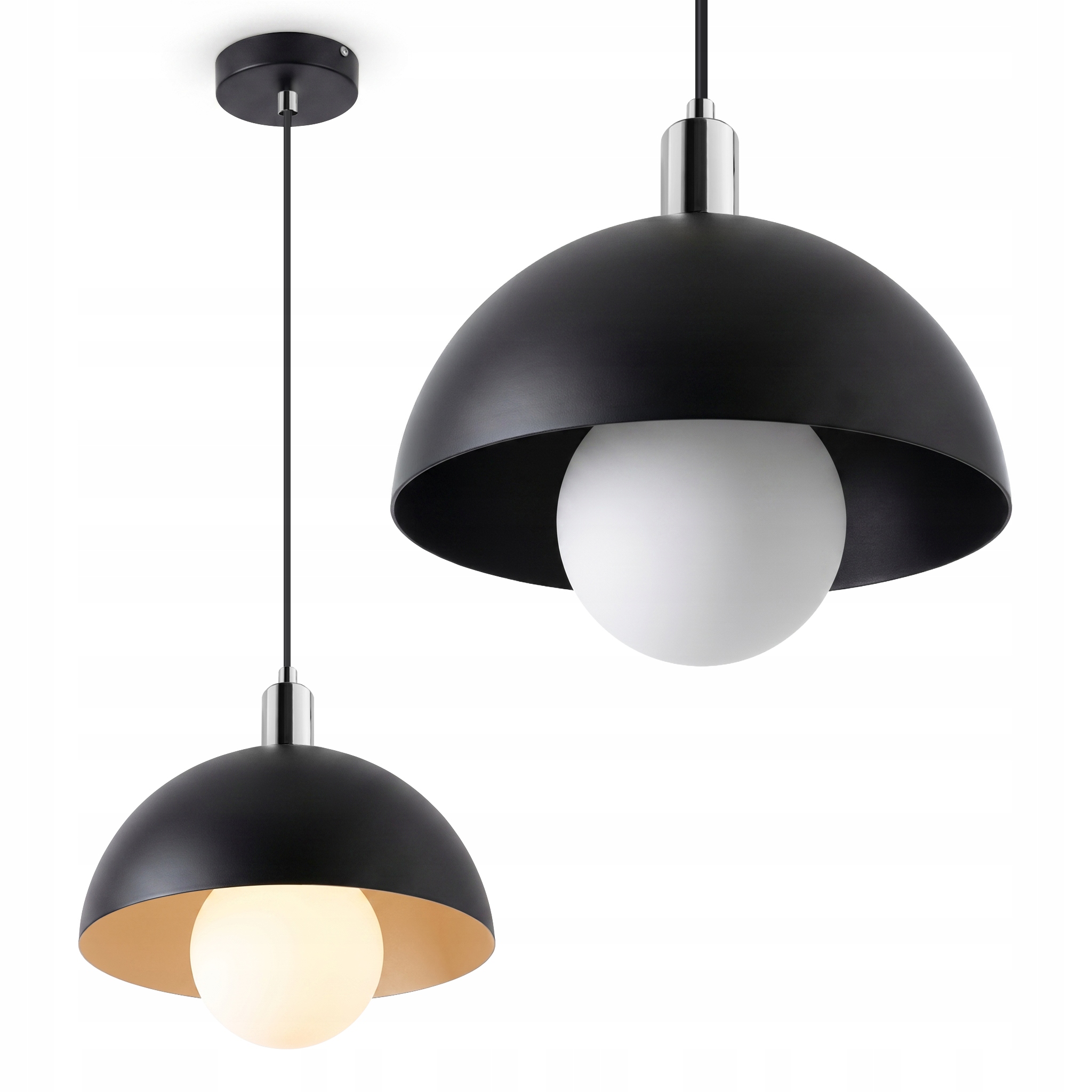 Závěsná lampa G9 velká polokoule 30 cm černá chrom bílá stínidlo skleněná kulička