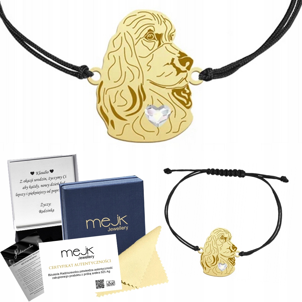 Zlatý náramek s psem Kokršpaněl anglický 925 provázek Gravírování Bonus