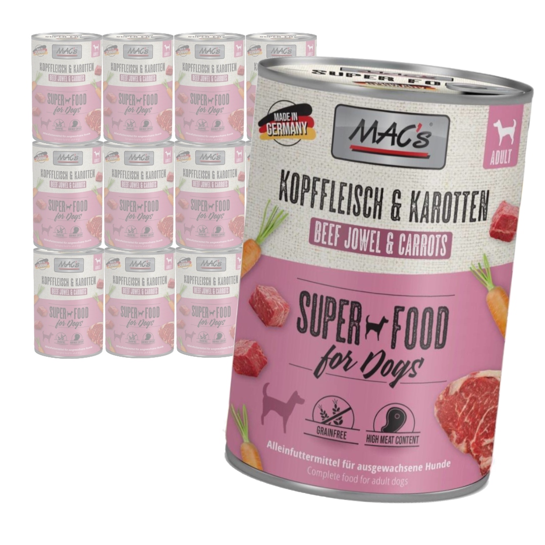 Levně MAC's Dog Bezobilné Vlhké Krmivo pro psy Hovězí hlavička s mrkví 12 x 400 g