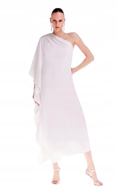 Karen Millen Ecru Šaty MIDI Na Jedno Rameno S Volánem 34 B1F