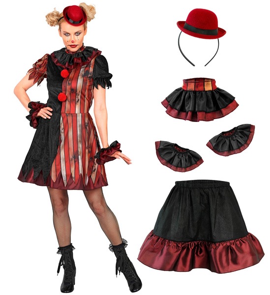 Kostým Bláznivý Vražedný Klaun Klauninka Červený S Pruhy Cirkus Halloween L
