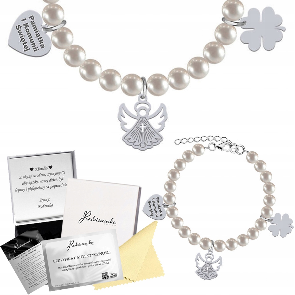 Stříbrný Náramek Z Perel Andílek Čtyřlístek Srdce Gravírování Dárek Přání