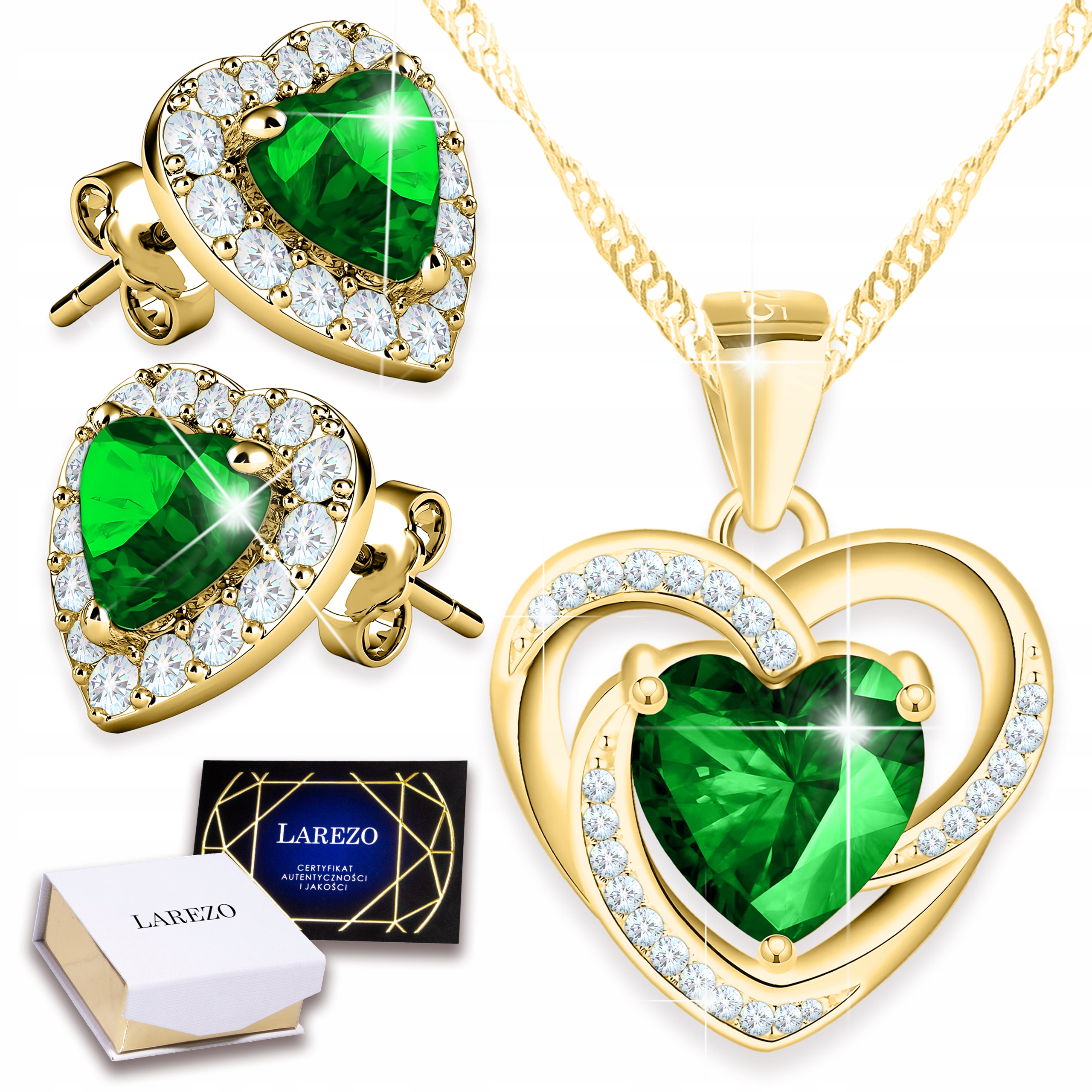 Sada zlatých šperků 925 Náhrdelník a Náušnice Zelené srdce Srdíčka