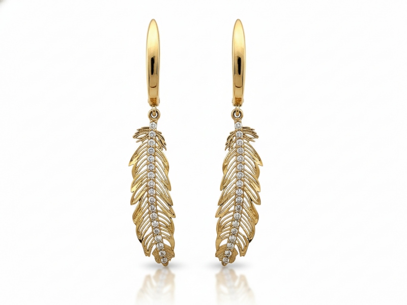 Náušnice zlaté 585 s krystalem a módním perem pro maminku