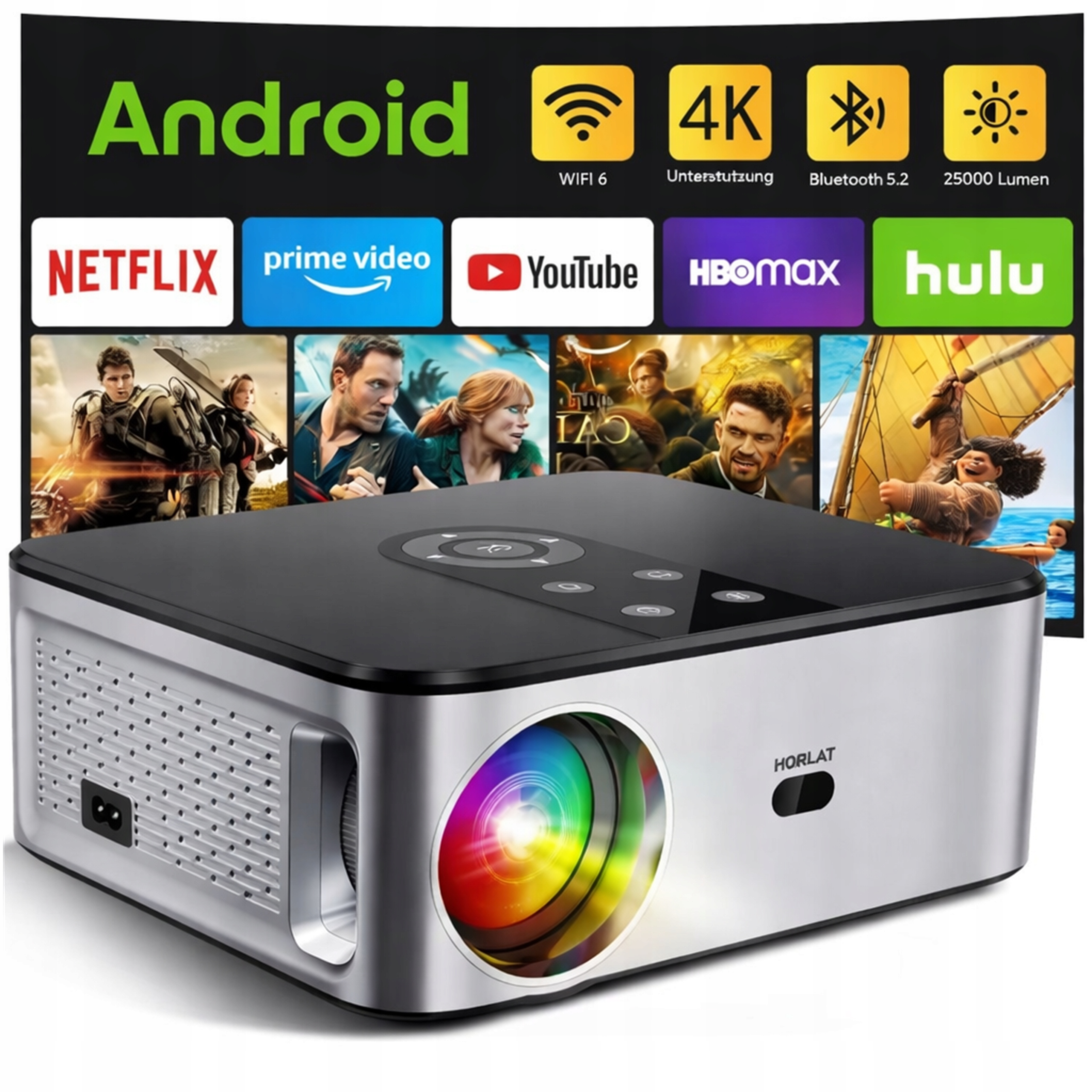 Projektor LCD Horlat Projektor Rzutnik 5G WiFi Full Hd Native 1080P srebrny