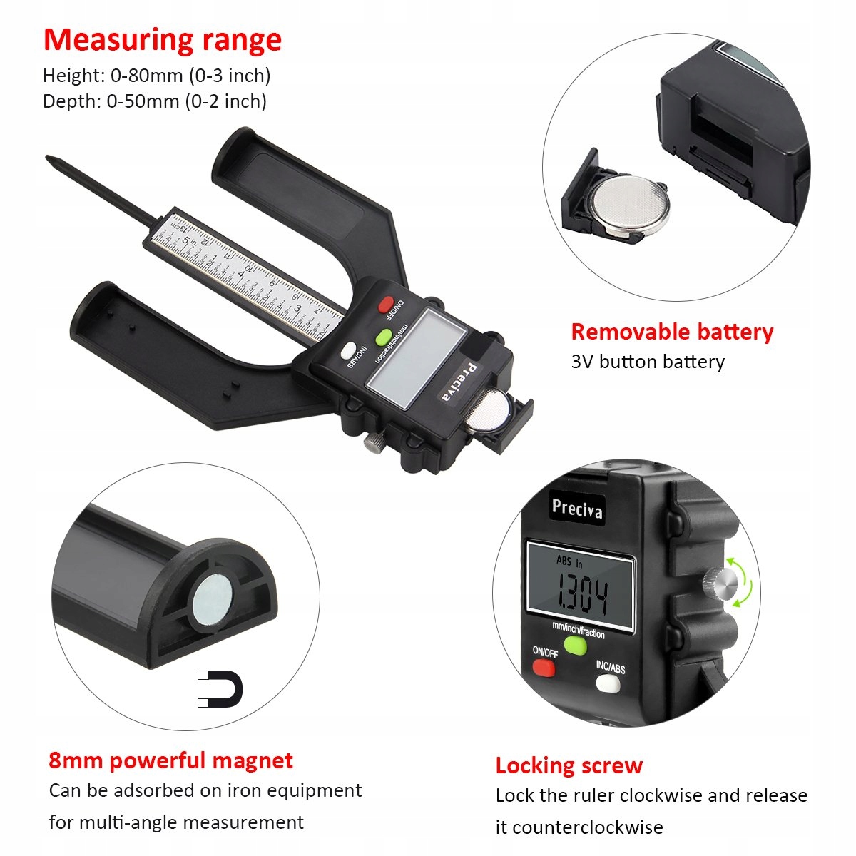 PRECIVA Cyfrowy Głębokościomierz Wysokościomierz LCD 80mm Dokładność 0,10mm — miniatura 3