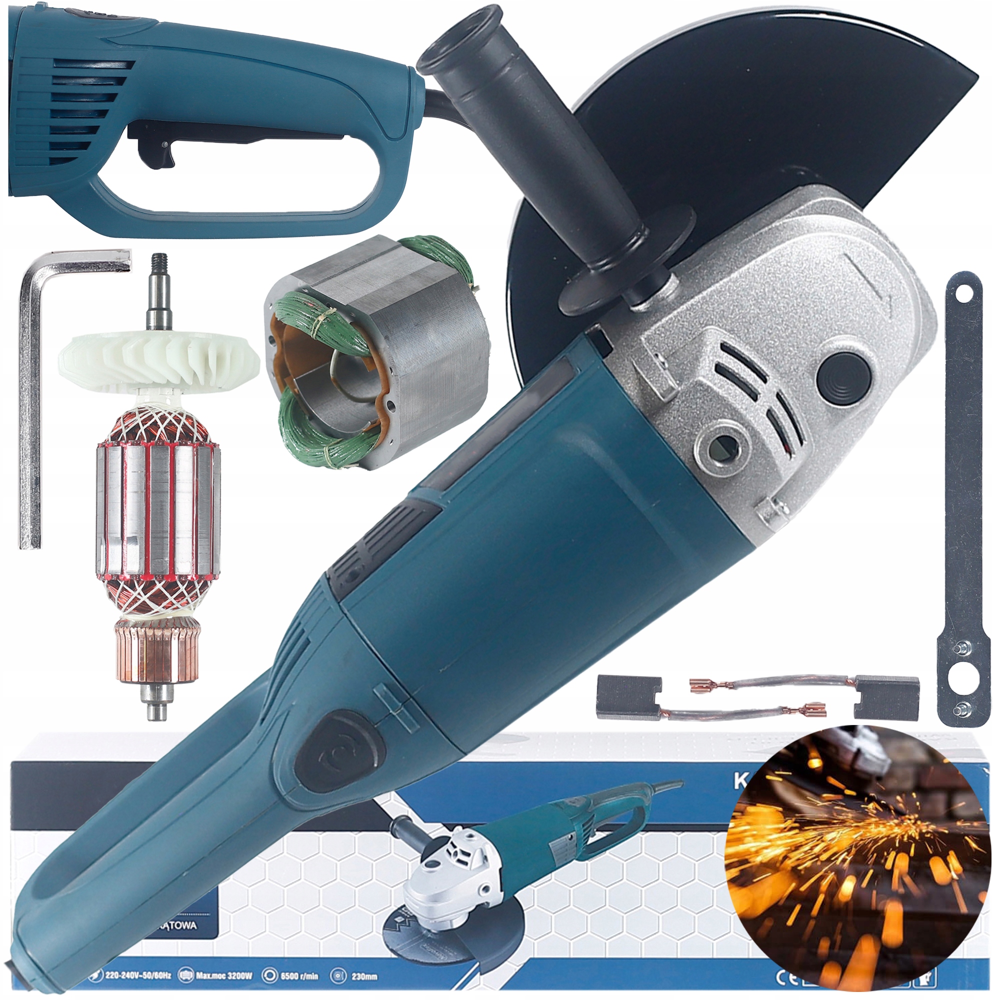 Úhlová Bruska 230 mm Bruska Velká Volná Soft Start 3200 W Výkonná Sada